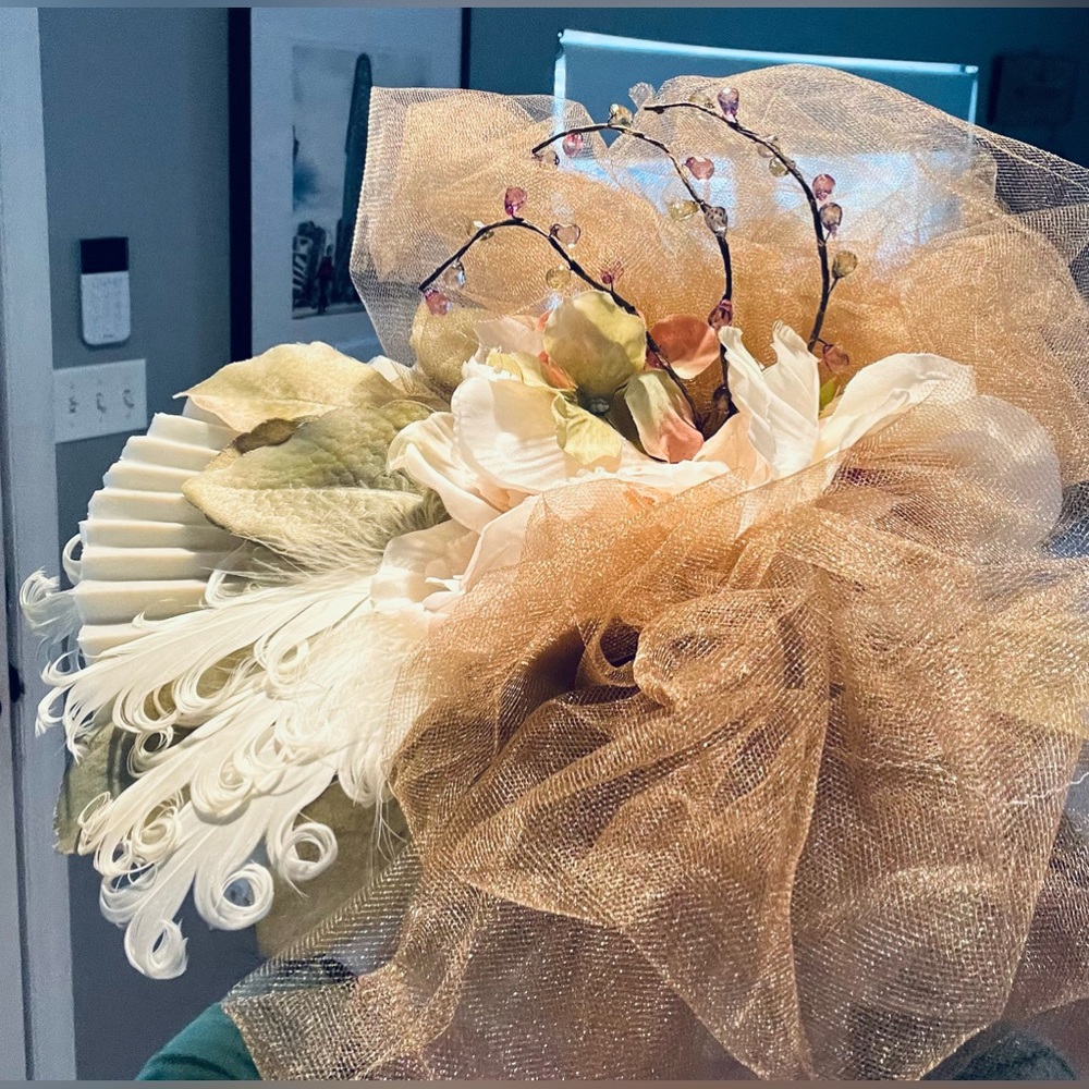 Church wedding cocktail tea party head piece, hand made, tan-coldish one of kind